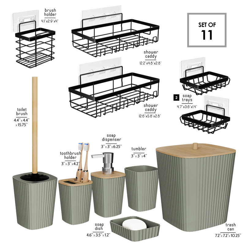 Complete 11 Piece Bathroom Accessory Set with Bamboo Accents, Trash Can, Toilet Brush & 5 Shower Caddies Included, Sage Green