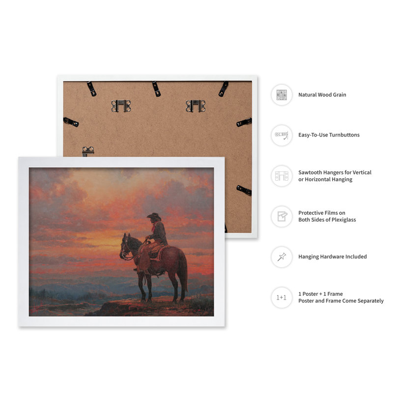 Coucher de soleil Cowboy, Poster, White Framed, 11"H x 14"W