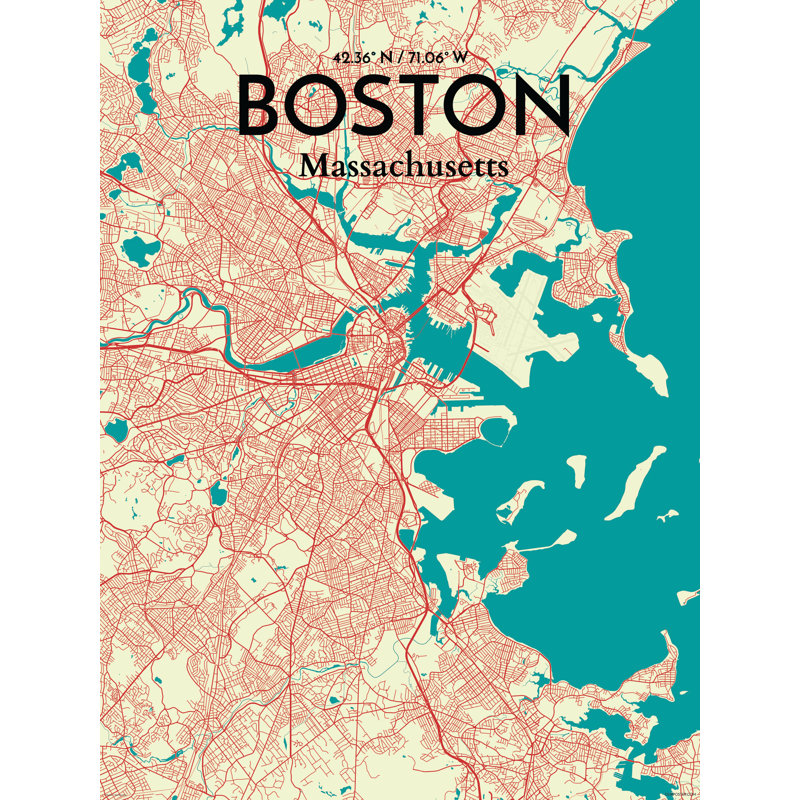 « boston city map », reproduction d’impression sur affiche en couleur, H 17 po x l 11 po