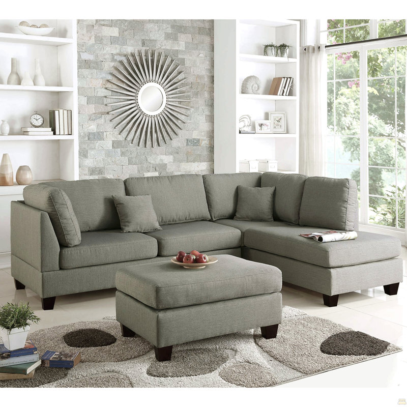 Reversible Polyfiber Sectional Sofa With Ottoman, Grey