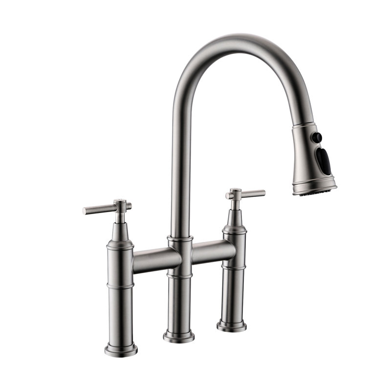 3 Hole Brushed Nickel Kitchen Faucet, Pull Down , 2 Handles, Modern And Classic Faucet For Sink, Handle, Construction