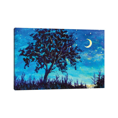 " Oil Painting Night Landscape - Starry Night Sky With Moon And Lonely Tree, Grass And Sea Water " by Valery Rybakow