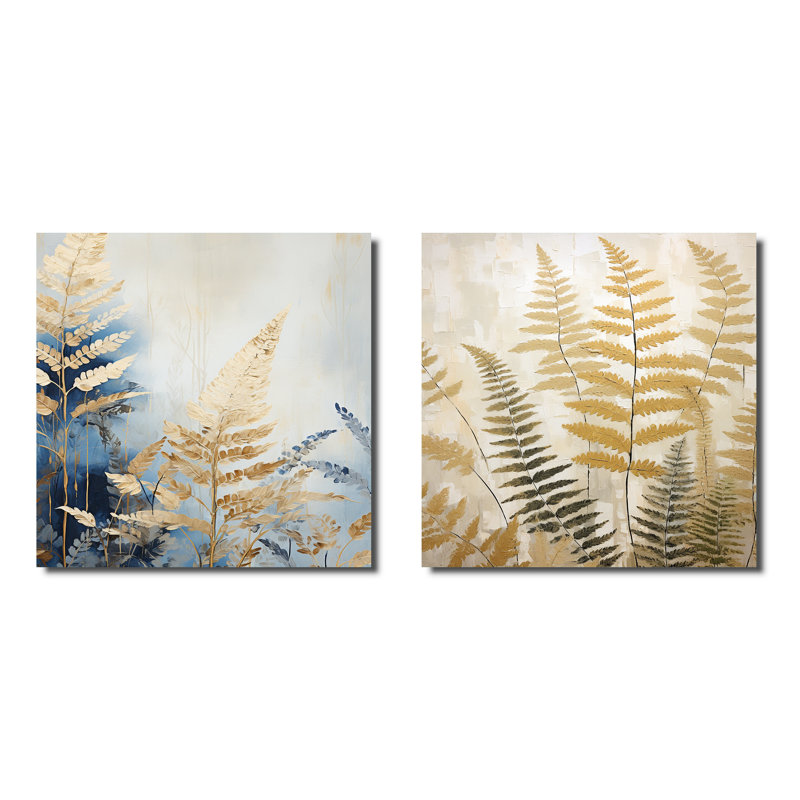 Golden Ferns Silent Gracefulness - Ensemble de 2 collages carrés de fougères, Toile tendue, H 16 po x l 33 po