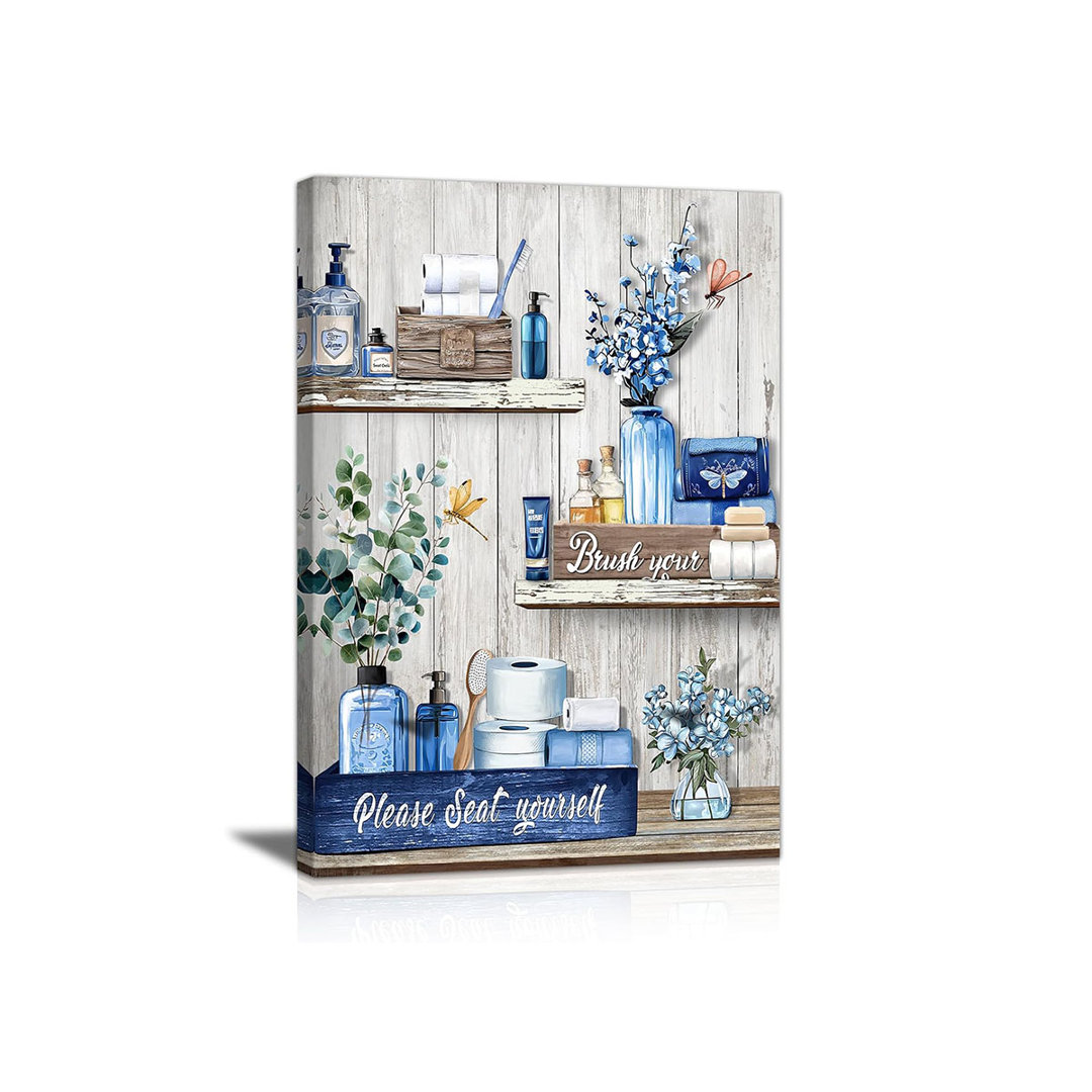 Navy Blue Shelf Pattern Bathroom Canvas Wall Art Rustic Grey Wood Grain Wall Paintings Please Seat Yourself Sign Prints Pictures Vintage Aesthetic Bat