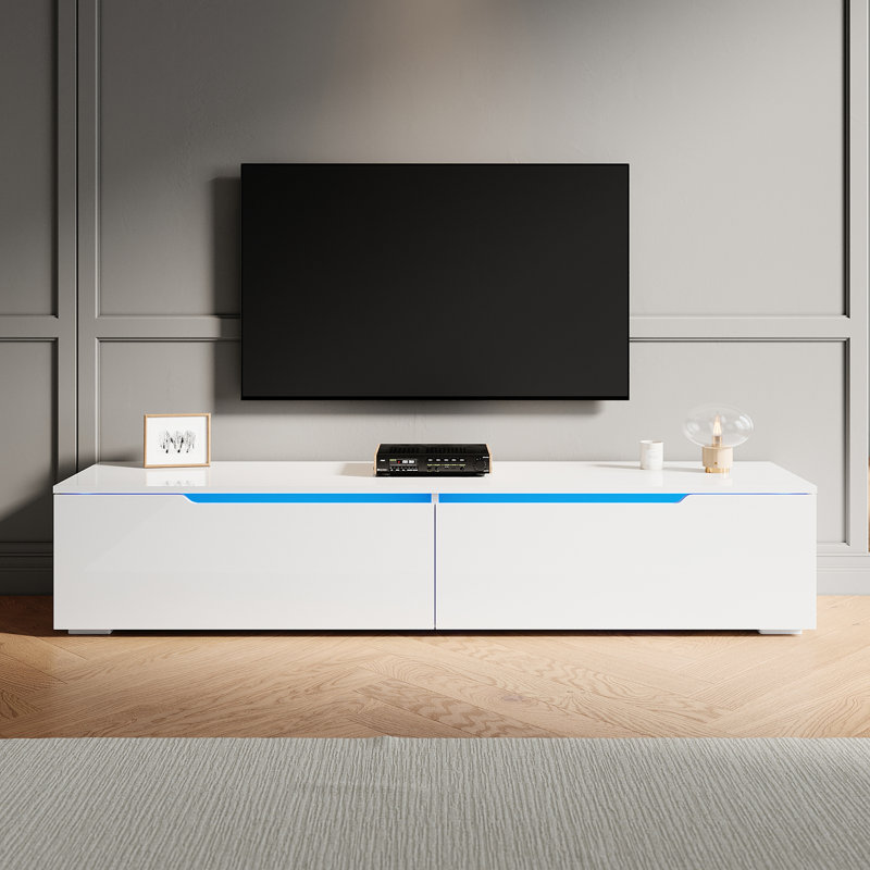Floating TV Cabinet with RGB LED Light, Wall Mounted TV Stand, Soft Close Flip Doors Cable Hole, 30cm H x 160cm W x 35cm D