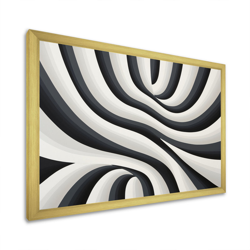 Rêve optique noir et blanc sur toile, H 12 po x l 20 po x P 1 po, Encadrement doré