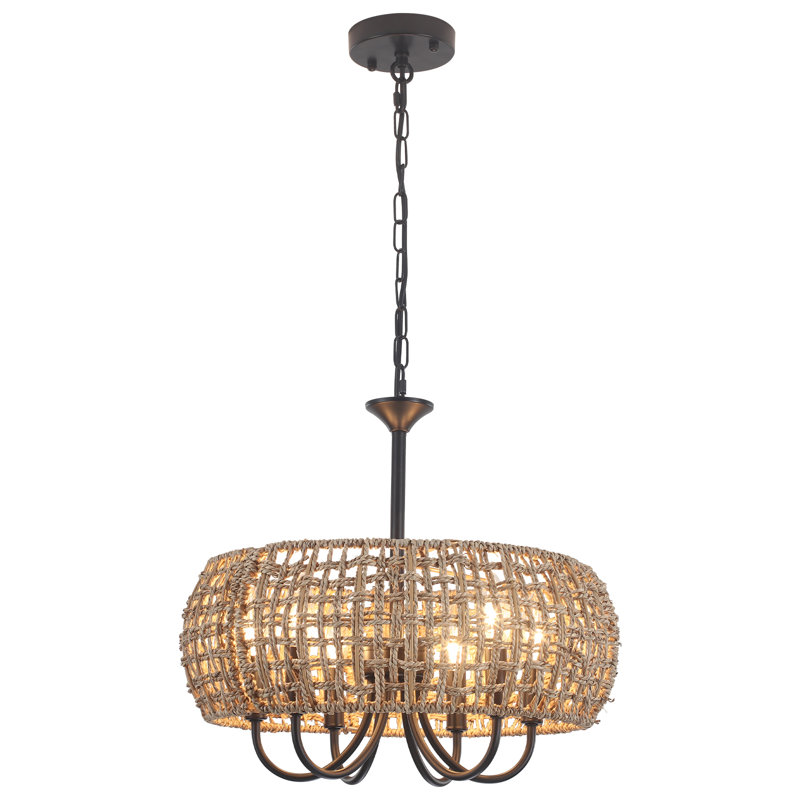 6- Light Dimmable Drum Chandelier Natural Rattan Bohemian Pendant, Matte Black