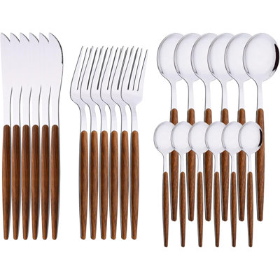 Ensemble de couverts 24 pièces en acier inoxydable aspect bois, service pour 6, couverts polis miroir avec poignées résistantes à la chaleur