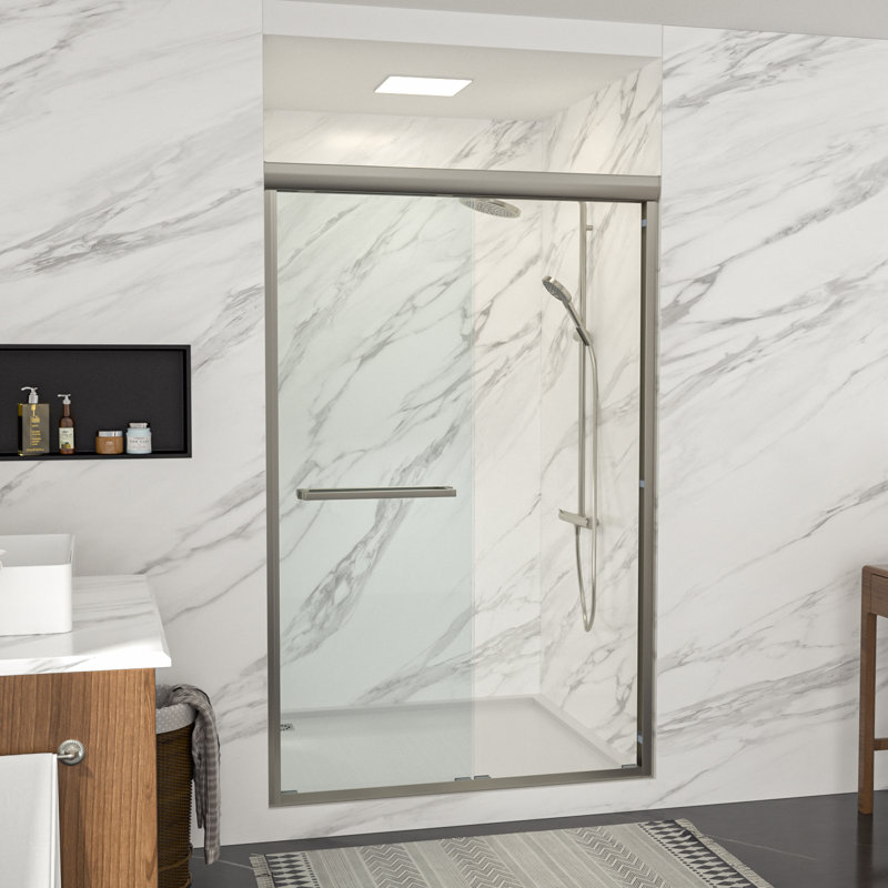 48 - 48 1/3" W x 76" H Frameless Double Sliding Shower Door Bathroom 1/4 inch Tempered Glass Shower Door, Brushed Silver
