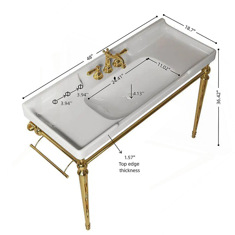 Bathroom Console Sink, Wall-Mounted Ceramic Vanity Basin With 3 Pre-Drilled Faucet Holes, Freestanding Stainless Steel Support Legs With Towel Bar