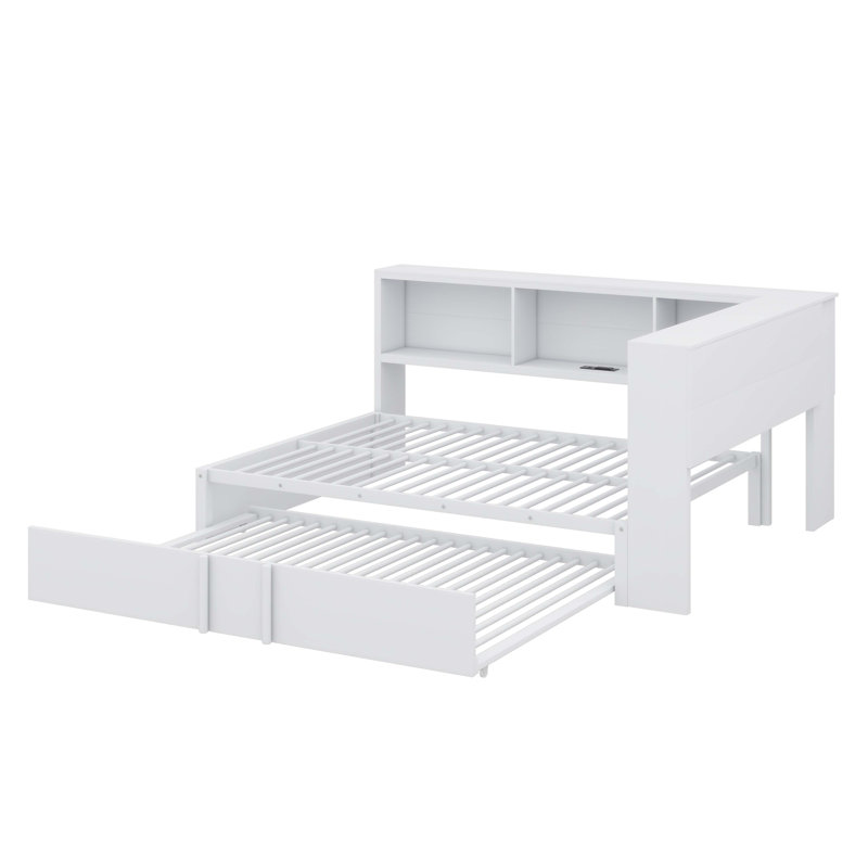 Lit de jour fonctionnel en métal avec lit gigogne escamotable et compartiments de rangement intégrés, Blanc