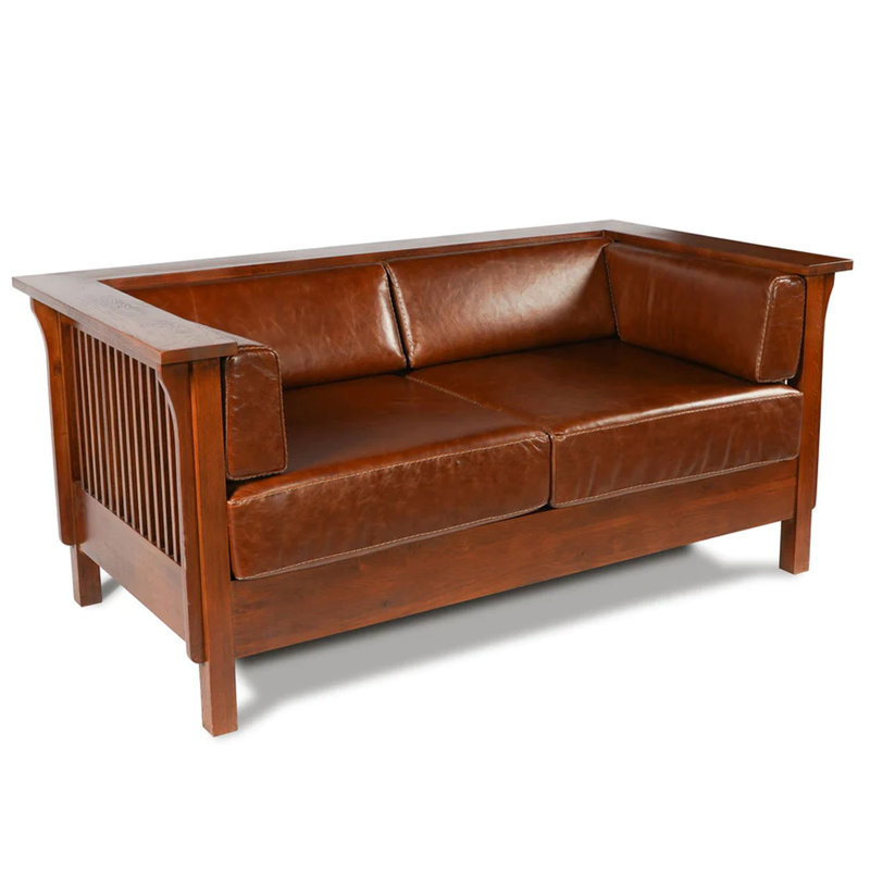Edehard 65" Genuine Leather Tuxedo Arm Loveseat, Dark Brown Genuine Leather