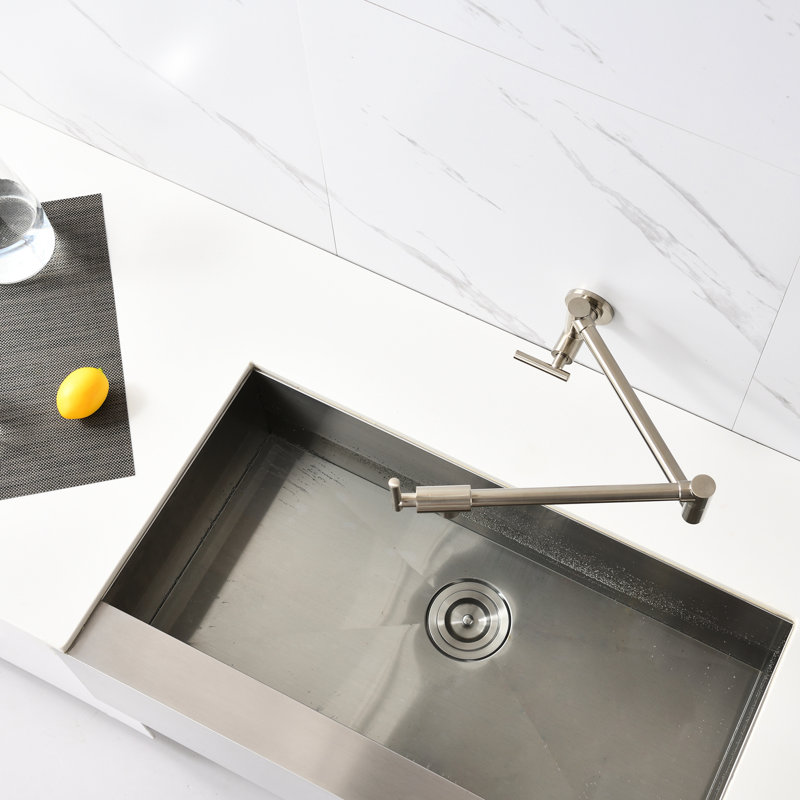 Brushed Nickel Pot Filler Faucet With Wall Mount And Folding Function - Arm For Convenient Use, Double Handles To Manage Water Flow, Corrosion Surface Treatment Mounted Kitchen In Efficient Output,