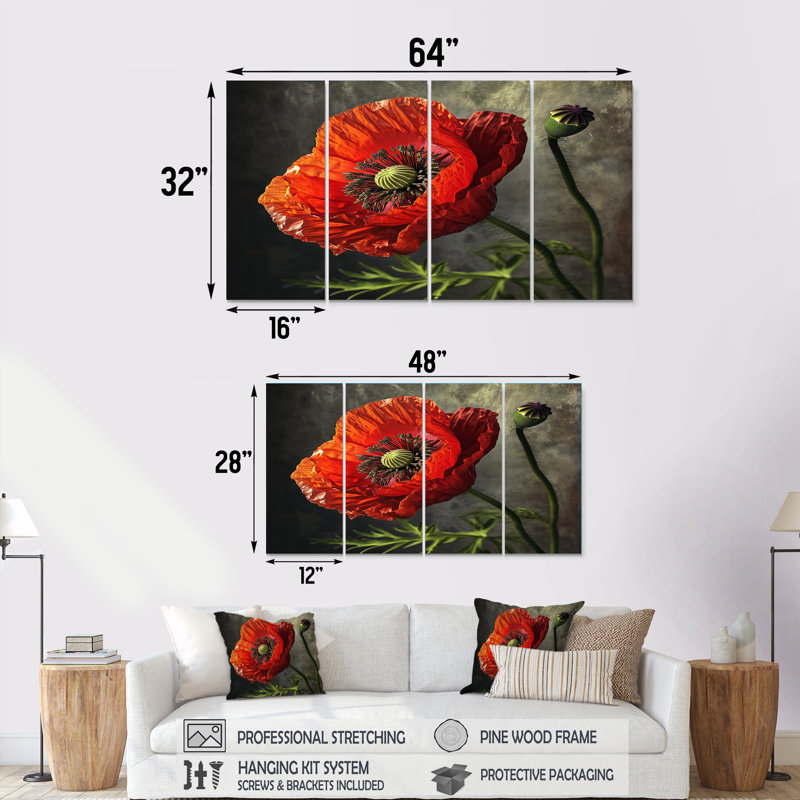 Gros plan sur un coquelicot rouge - coquelicot 4 pièces, H 28 po x l 48 po