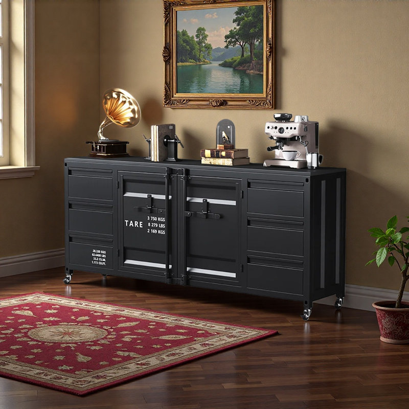 Wrought Iron Industrial-Style Container Storage Workbench, 35.4" H x 78.7" W x 15.7" D, Black
