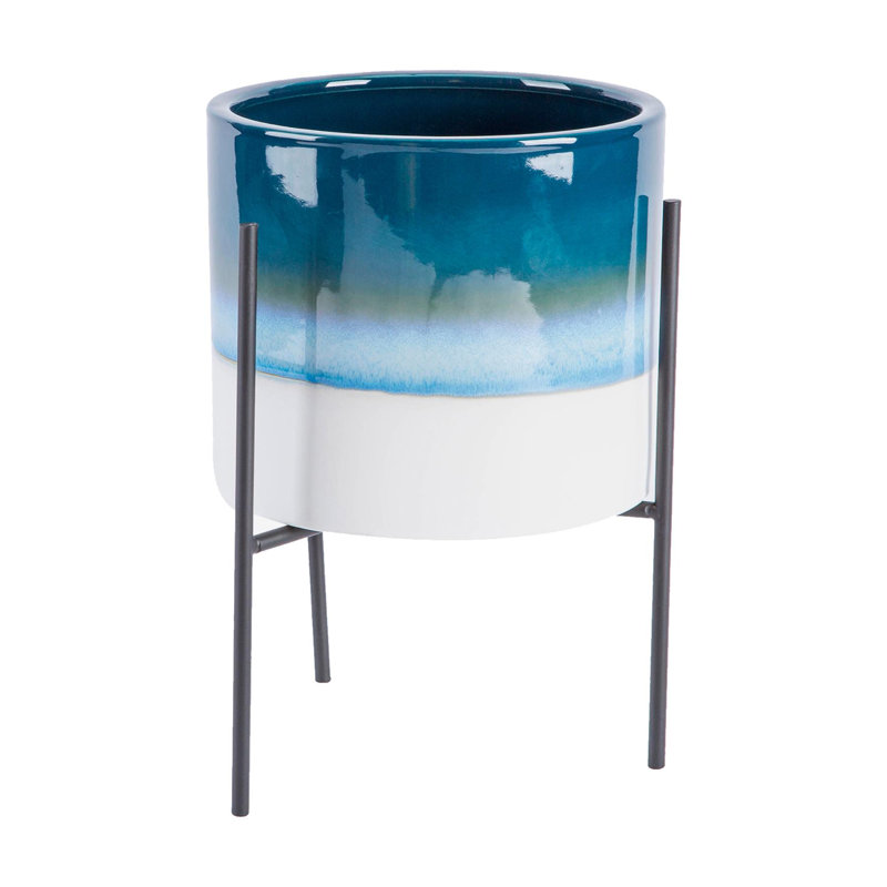 Nicola Spring - Reactive Glaze Plant Pot on Stand - 19cm, Blue/Black