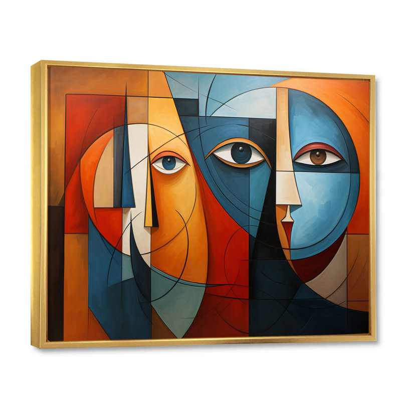 Cubisme géométrique Portrait X - cubisme, art mural, H 24 po x l 32 po x P 1 po, Cadre flottant doré