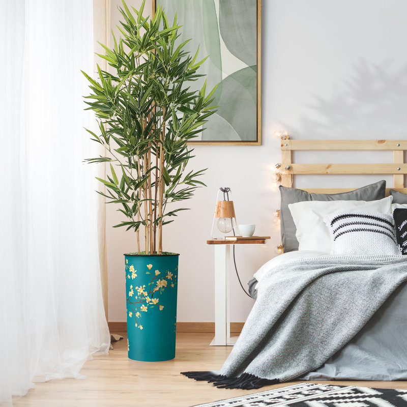 Artificial Tree in Black White Wood Tree Rings Pattern Planter Fake Bamboo Silk Tree, Floral Blue