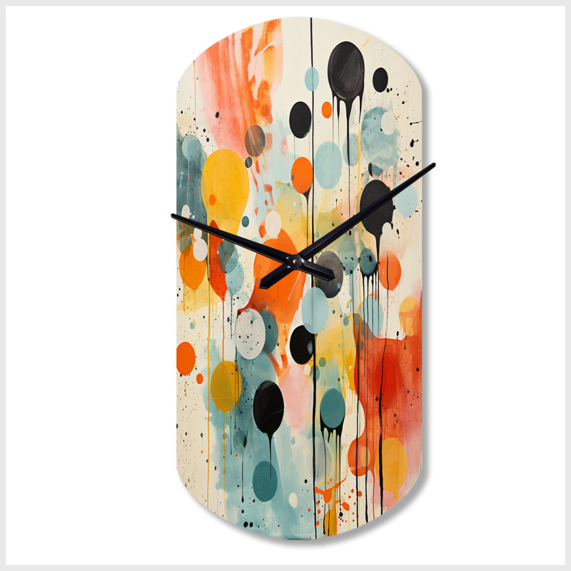 «Colorful Mid Century Atomic Abstraction I», horloge moderne cylindrique en métal, impression d'horloge murale asymétrique moderne