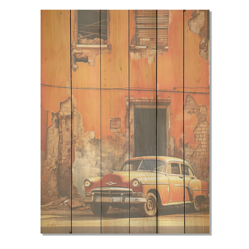 «Cuba Orange Car Heritage I - Cuba Landscape», art mural sur bois de pin naturel, H 40 po x l 30 po