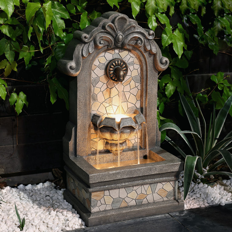 Evrim 27" H Gray Resin Classic Wall Freestanding Outdoor Water Fountain with Lights