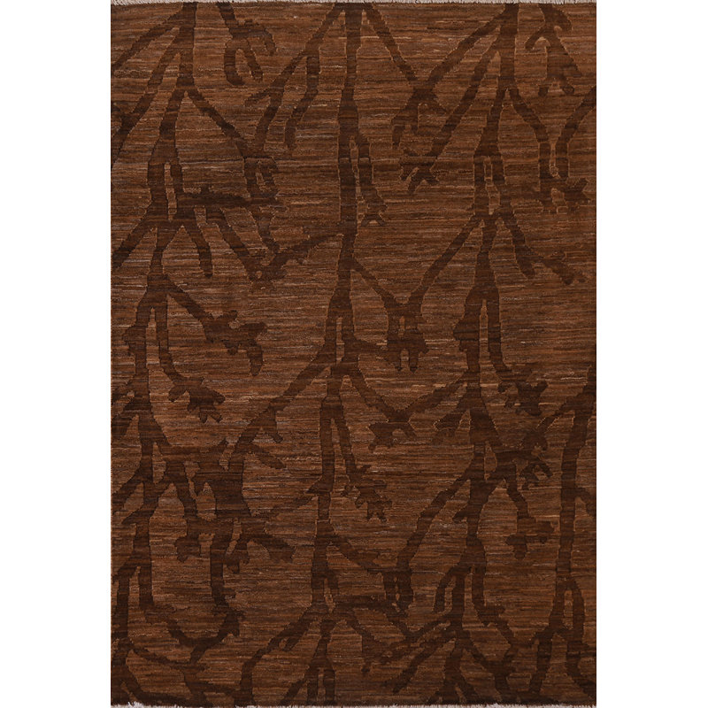 Abstract Hand-Knotted Rectangle 4'6" x 5'11" Wool Area Rug in Walnut/Black
