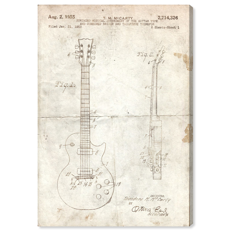 Gibson Les Paul, guitare parchemin 1955 par Oliver Gal - impression encadrée sur papier, H 24 po x l 16 po x P 0,75 po