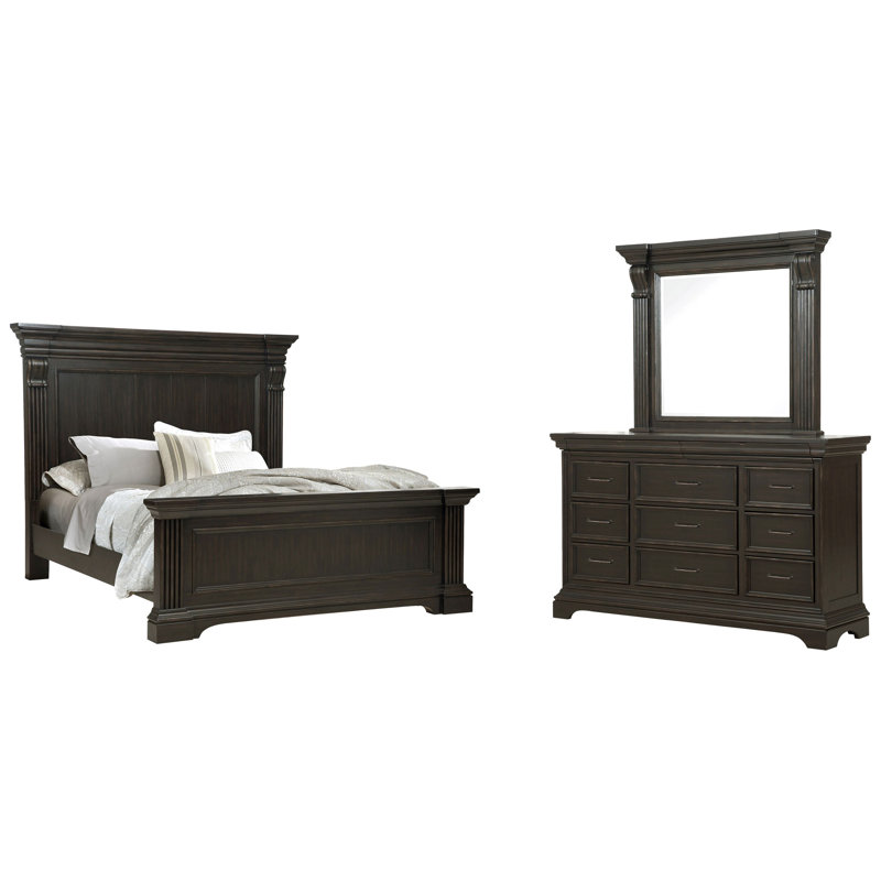 Lit à panneau, Ensemble de 3 pièces : lit, commode, miroir, Très grand lit
