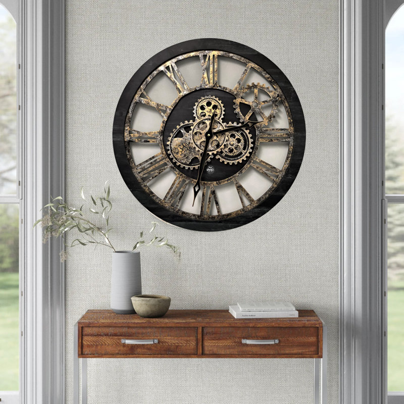 Vintage Black 24-Inch Industrial Wall Clock with Moving Gears