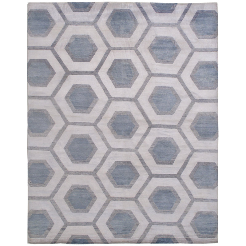 Tapis en soie noué à la main bleu / gris / blanc