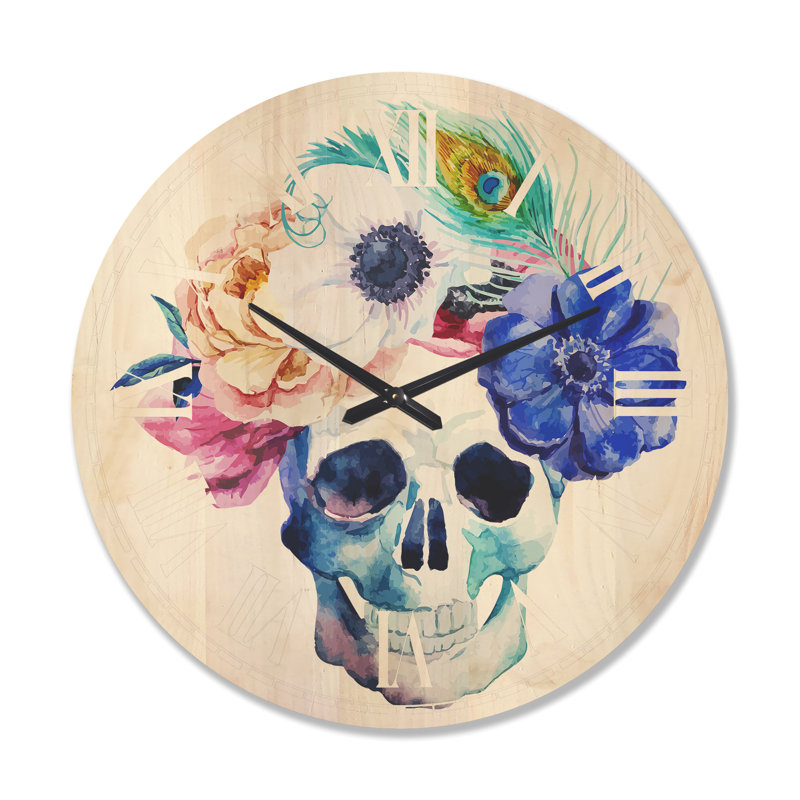 Anemones and Scull - Horloge murale en bois bohémien, Très grand