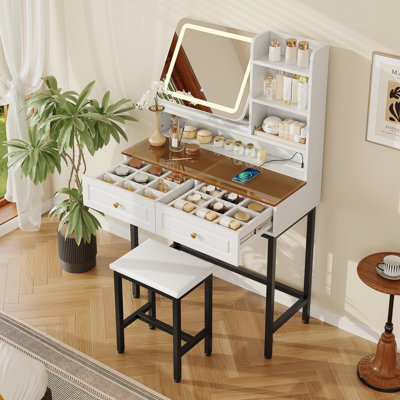Coiffeuse de maquillage avec miroir lumineux à DEL, miroir rotatif à 360 °, bureau de coiffeuse avec 2 tiroirs, prise de courant et tablettes à 3 niveaux, plateau de table en verre ambré, coiffeuse avec pied en métal robuste et tabouret, blanc