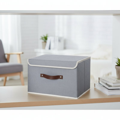 Collapsible Large Lidded Storage Box, Linen Fabric, PU Leather Handle PP Plastic Material