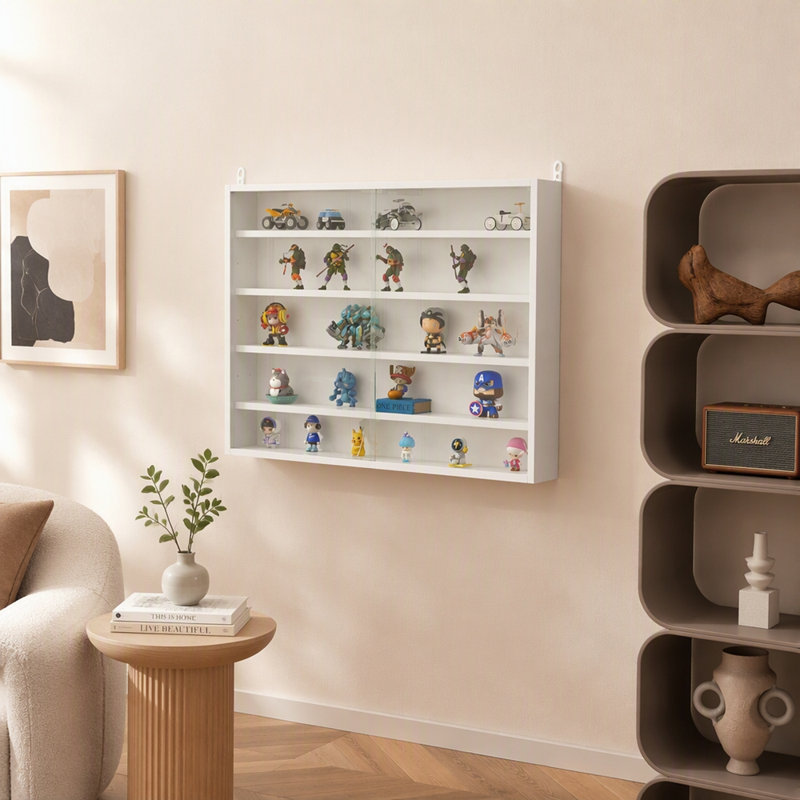 5-Tier Display Cabinet, Glass Display Case With 2 Doors And Adjustable Shelves, Wall-Mounted, White