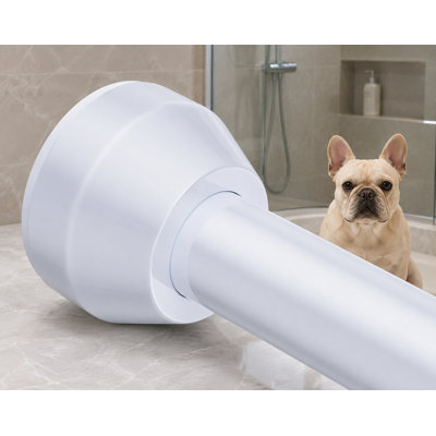 Une tringle à rideau de douche blanche à ressort réglable de 32 à 79 pouces avec un diamètre de 1 pouce; La conception sans perceuse est antidérapante et antirouille.