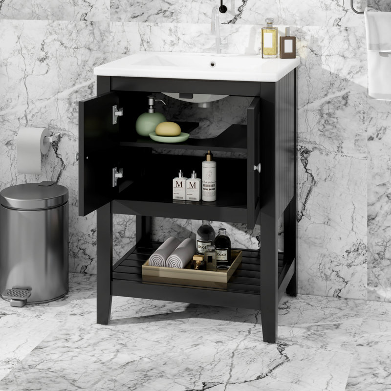 Lavabo de salle de bain moderne élégant en céramique 24 po avec tablette ouverte, Noir