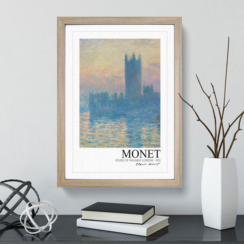 Houses of Parliament with Border by Claude Monet - Picture Frame Painting, Oak Framed, 65cm H x 48cm W x 2cm D