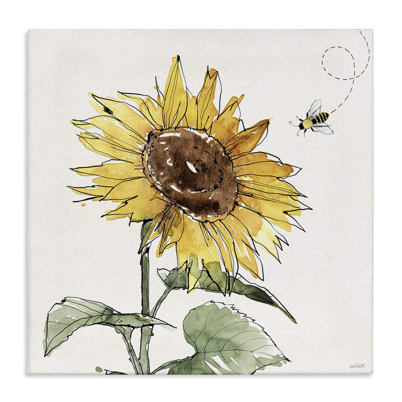 «Cheerful Sunflower Buzzing Bee» par Anne Tavoletti - peinture sur toile tendue, H 24 po x l 24 po x P 1,5 po