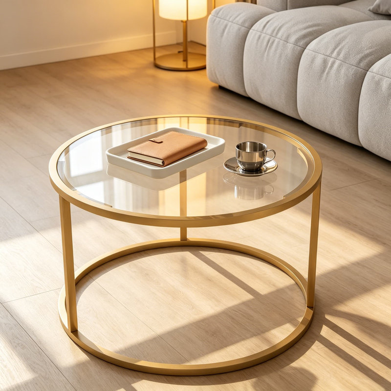 Table basse ronde en verre, structure centrale moderne en métal doré de 27 pouces pour les petits espaces, plateau en verre trempé transparent, assemblage robuste et facile, pour le salon et le bureau à domicile
