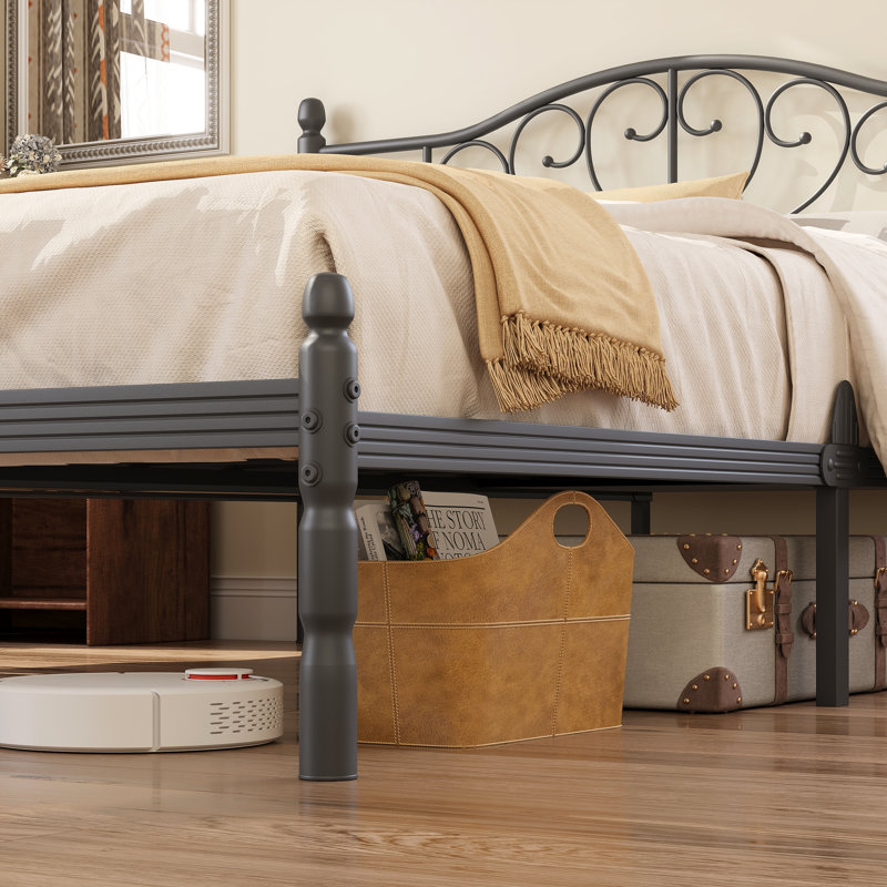 Black Metal Platform Full Bed Frame With Decorative Headboard, Heavy Duty Steel Slats, No Box Spring Required, Black, Full