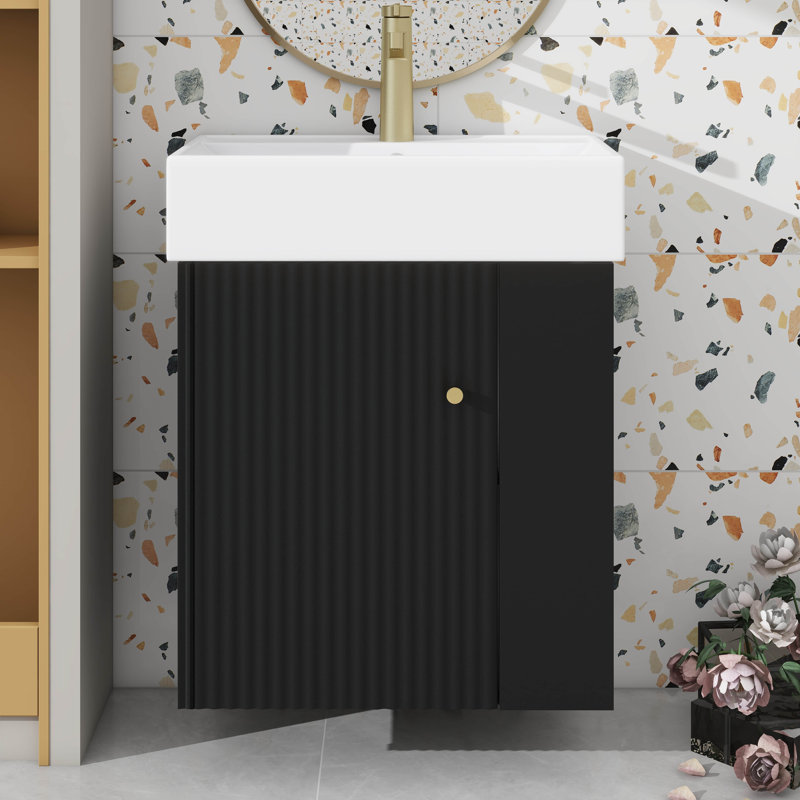 Meuble-lavabo mural de 21,6 po avec lavabo encastré en céramique, Noir