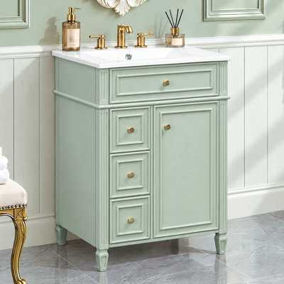 Meuble-lavabo de 24 po avec lavabo, panneau de fibres à densité moyenne et bois d'hévéa, 2 tiroirs et armoire avec tablettes réglables, conception moderne pour les petites et moyennes salles de bain