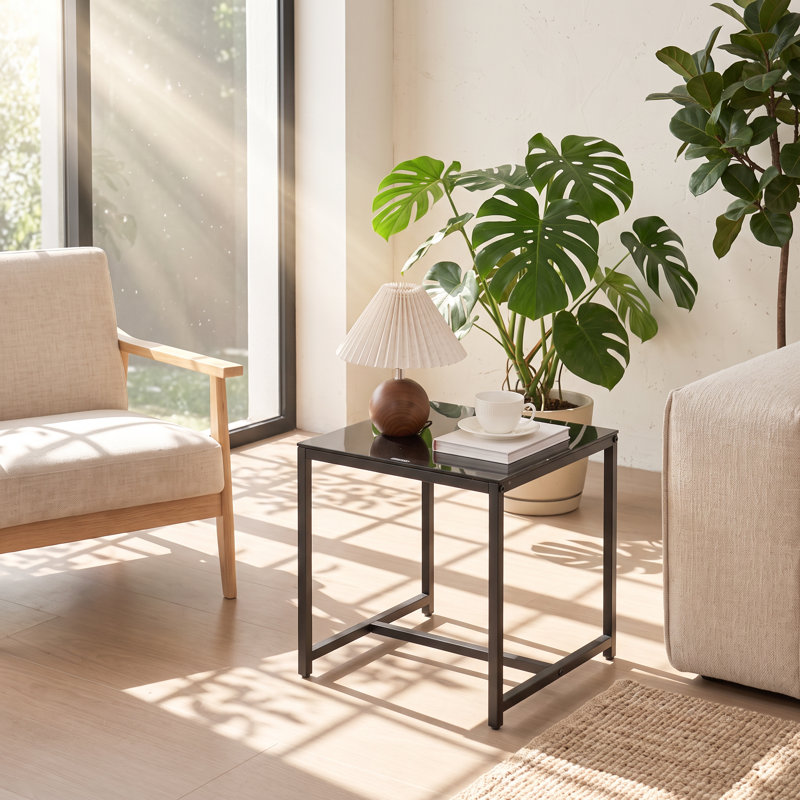 Table de bout en verre trempé et structure en métal l 17,71 po x P 17,71 po x H 17,71 po