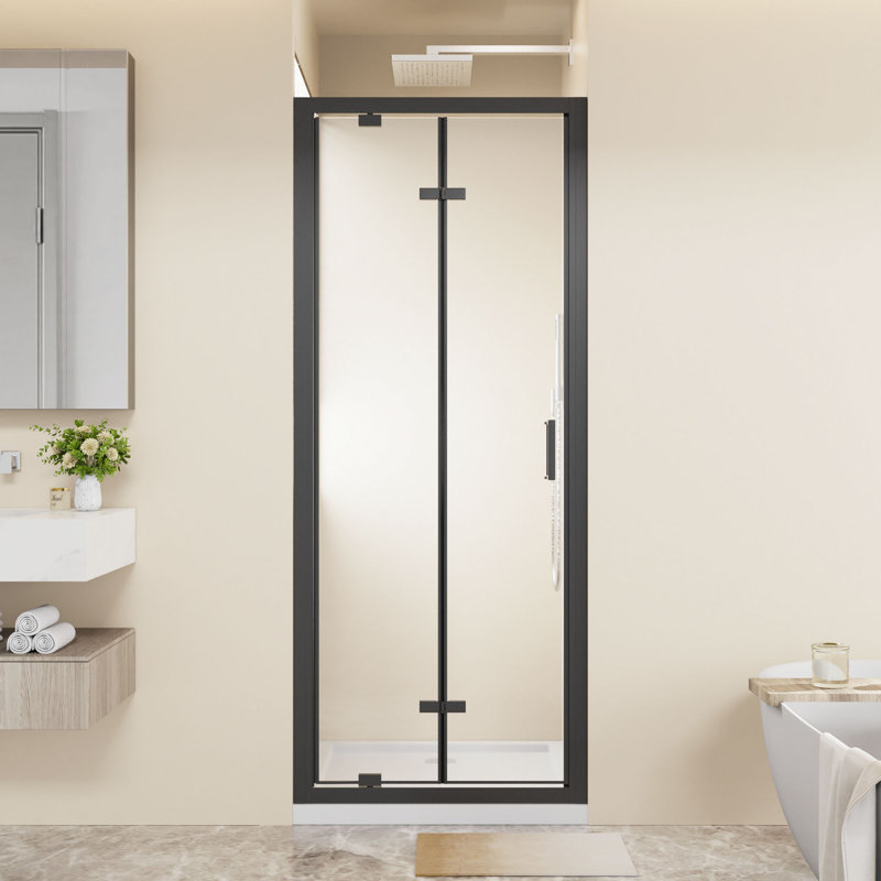 Framed Bi-Fold Pivot Shower Door 30"X72" Space-Saving Folding Shower Enclosure, 1/4" Clear Tempered Glass With Stainless Steel Handle, Reverible Installation