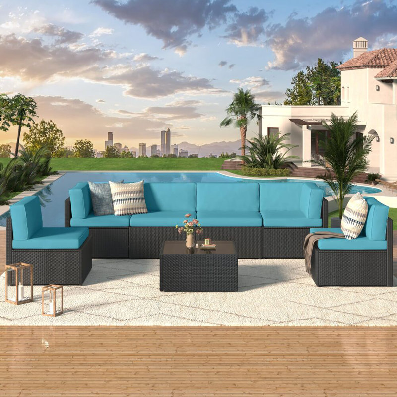 Emilienne PE Wicker 6-Person Patio Conversation Set, Black, Blue