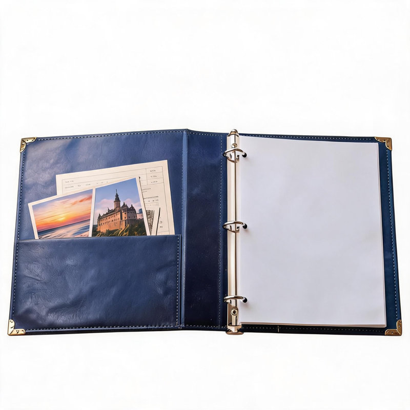 Classeur à anneaux vintage en similicuir – Texture lisse et classique, anneaux en D de 5 cm pour format lettre, bleu, vendu à l'unité