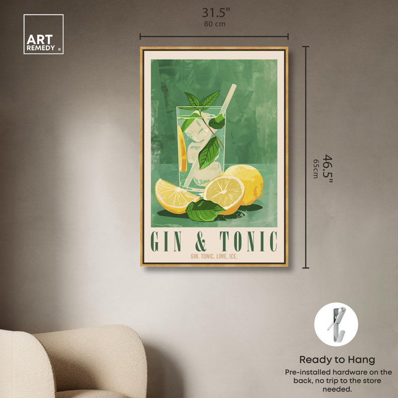 «Classy Gin And Tonic», affiche sur toile, art coloré par Art Remedy, Cadre doré, H 25 po x l 17 po