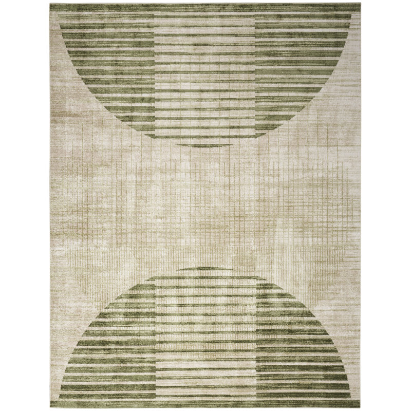 George Oliver Jeffs Machine Washable Ivory Olive Mid-Century Modern Indoor Rug, Rectangle 6'7" x 9'