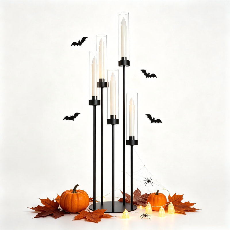 39.8‘’ Tall Matte Black Candle Holder with Acrylic Shades for Halloween Living Dining Room Fireplace Decoration, LED Candles Excluded