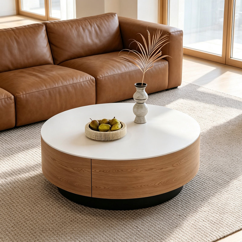 Table basse ronde pour petit appartement, 12.99" H x 27.55" W x 27.55" D, White Top/Black Base, Flat